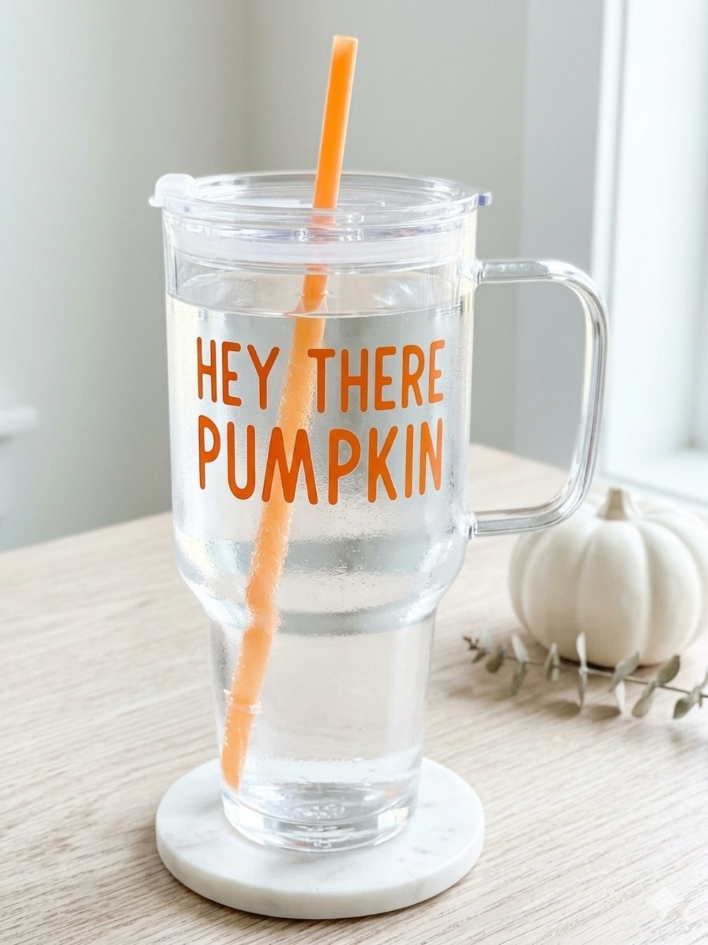 Hey There Pumpkin Clear Tumbler Mug with Handle Lid & Orange Straw Fall